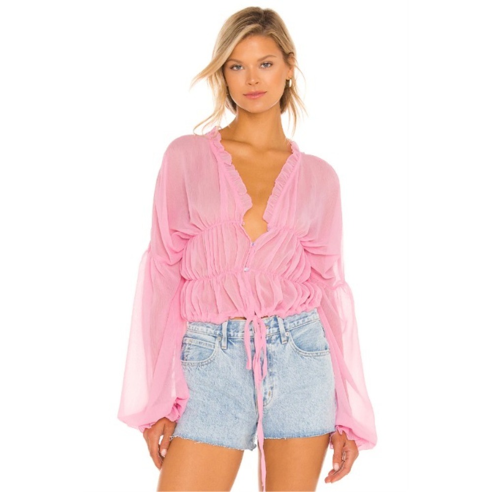 SNDYS Bali Blouse Button Front Sheer Ruched Drawstring Hem Baby Pink‎ Size 4